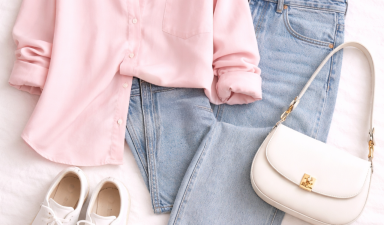 Soft Girl Old Money Outfit 💗 | Baby Pink Shirt & Light Blue Jeans Aesthetic