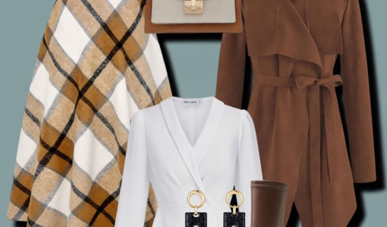 Elegant Plaid Midi Skirt & Cognac Trench Cardigan Fall Outfit