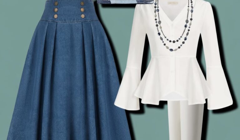 Elegant Denim Midi Skirt & Peplum Blouse Transitional Outfit