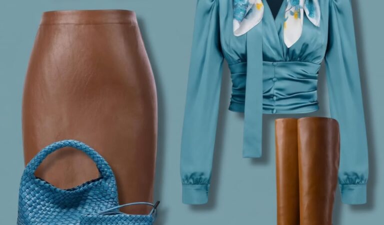 Sophisticated Teal Satin & Leather Autumn Outfit: Elegant Silk Scarf and Knee-High Boots